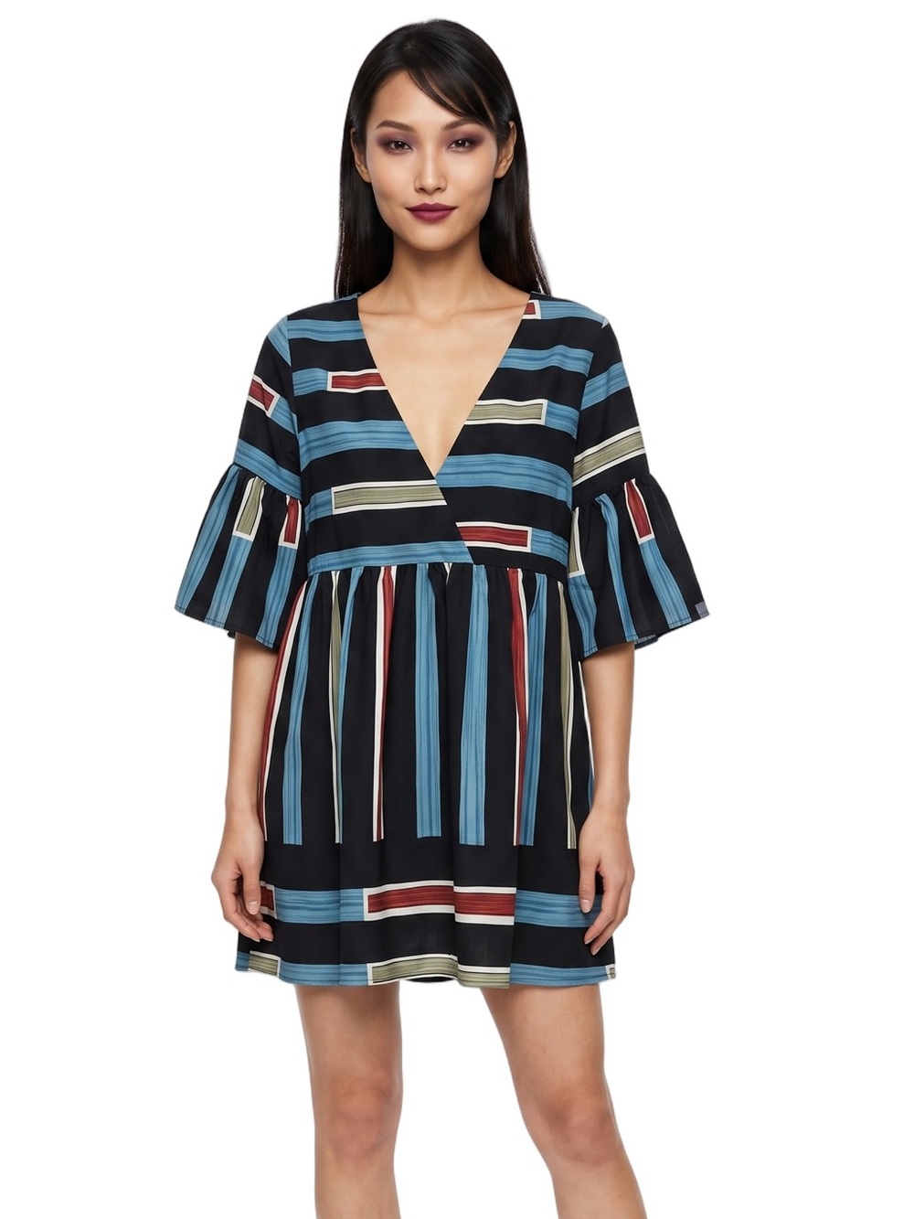 FANNY WIZ Black Blue Stripe VNeck Short Sleeve Babydoll Tunic Mini Dress Flared